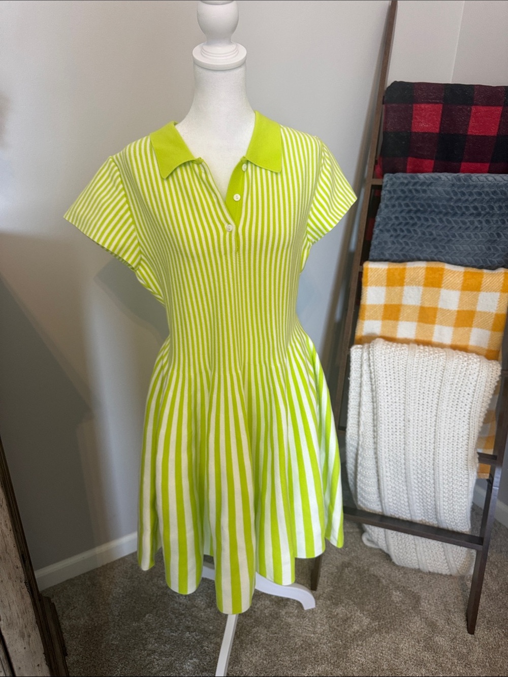 Bright Lime Green Striped Polo Fit-and-Flare Mini Dress